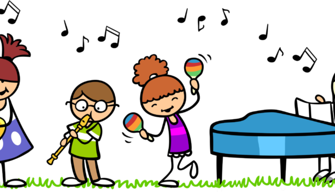 Auf einem Cartoon sind singende und musizierende Kinder zu sehen