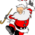 Auf einem Cartoon tanzt ein Weihnachtsmann